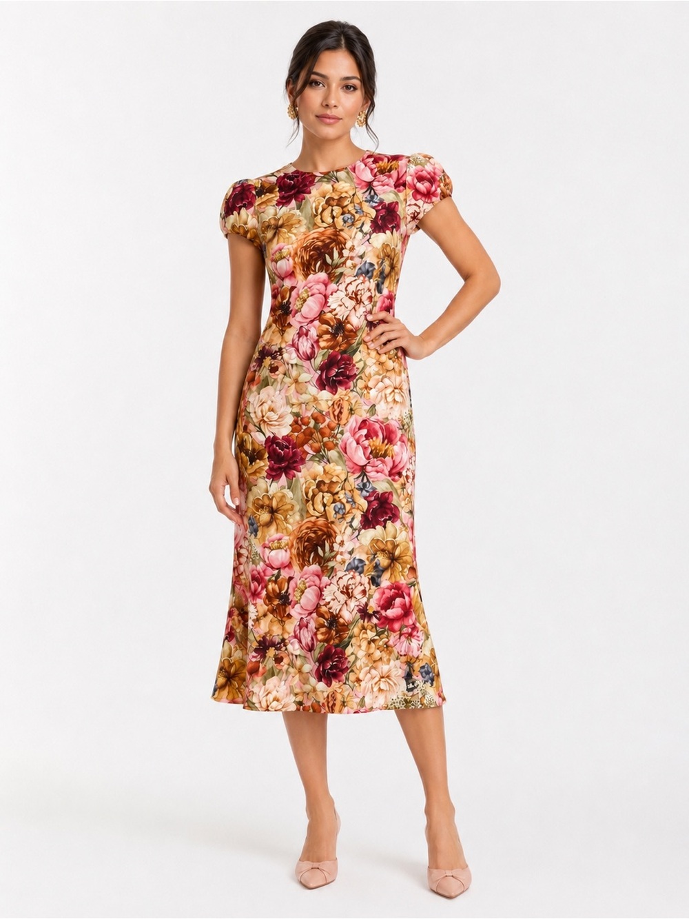 Floral Puff-Sleeve Midi Dress in Multi-Color